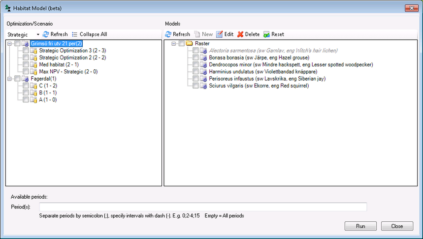 Figure 1. The main form for the habitat models can be found under the Tools menu > Run Habitat Model. On the left side the existing optimization results or simulation results are listed, of which you can choose or or more to be evaluated.  On the right side the habitat models are listed.