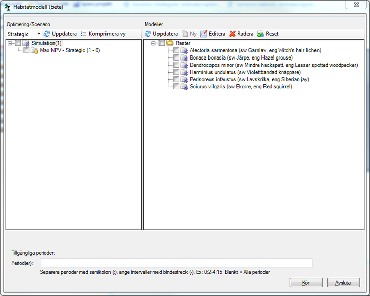 Figur 1. Huvudformuläret för habitatmodellen finner du under meny Verktyg > Kör habitatmodell. Till vänster visas befintliga optimeringsresultat eller simuleringsresultat som du kan välja, och till höger visas de olika habitatmodellerna.